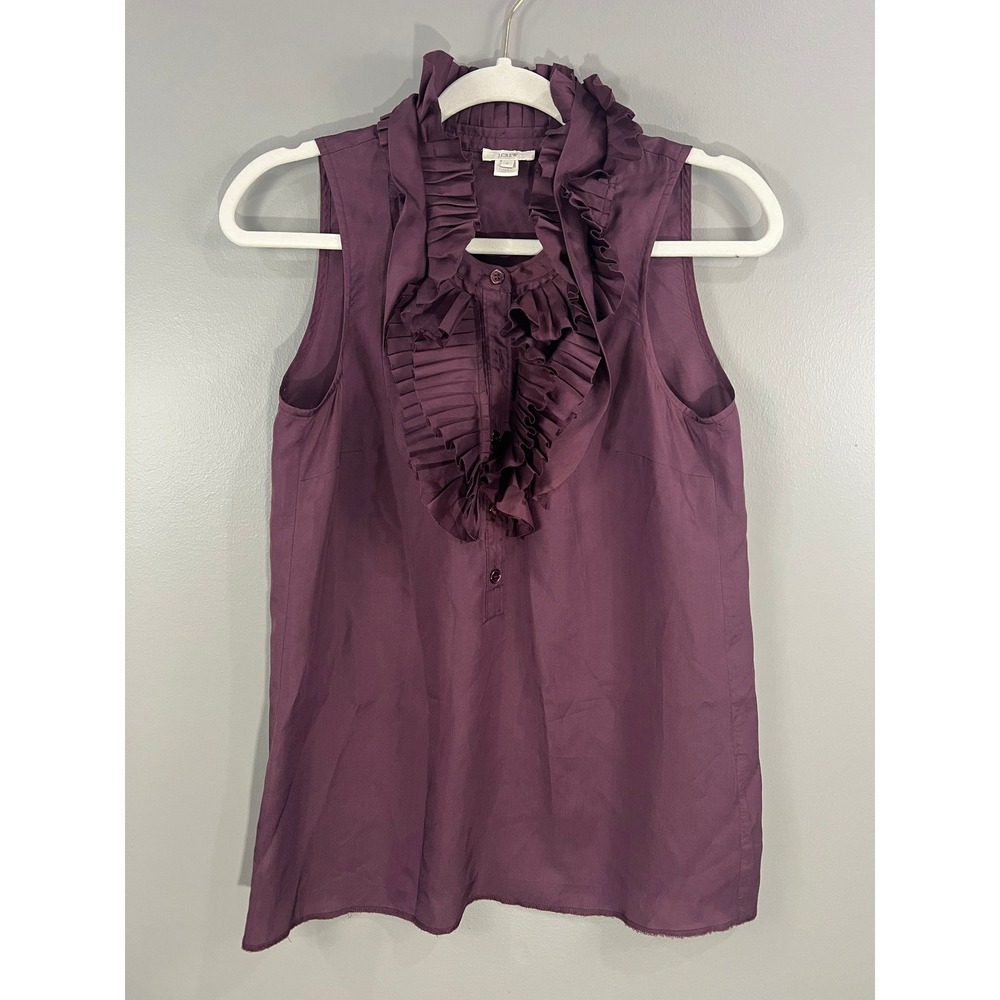J.Crew Blouse Womens 2 Purple Great Ruffle Silk Sleeveless Pleated Bib 28506